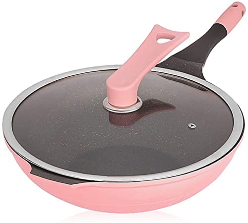 Sartén Wok vitrocerámica Wok Pan Non Stick | Pan de salteado de 32 cm con Tapa de Alto | Inducción Compatible con Cocina de inducción de la Estufa de Gas, Rosa