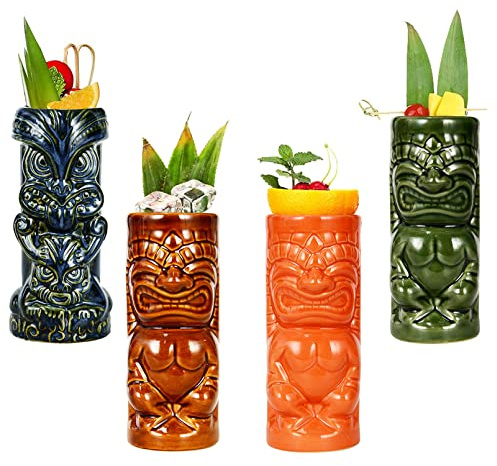 Tiki Mugs Cocktail, Tiki - Tasse en céramique hawaïenne, verres à cocktail exotiques Pour cocktail hawaïen Tiki Bar professionnel Hawaiian Party Barware,Q3