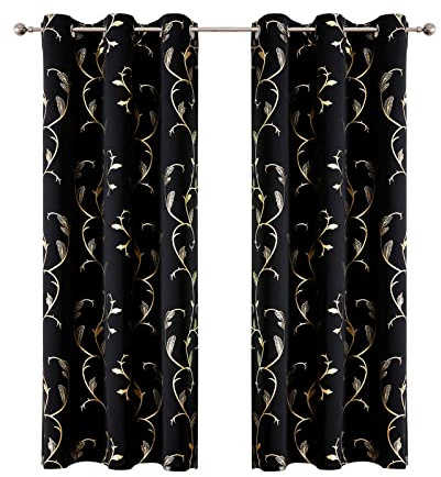 BUHUA Verdunklungsvorhänge mit Ösen, Blickdichte Vorhänge Kurz, Fenster Gardienen 2-Set Thermovorhang Verdunkelung für Schlafzimmer, H 183 x B 117 cm, Schwarz