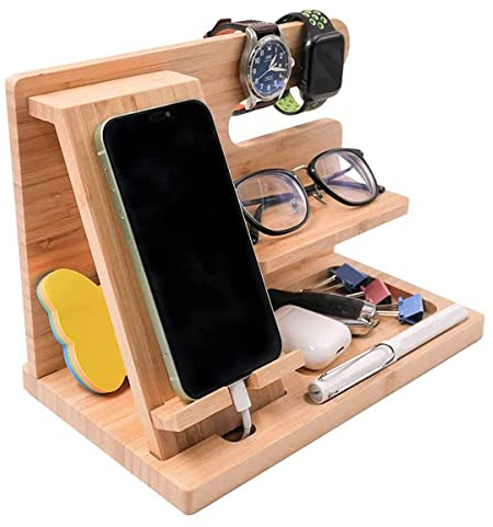 Station in Legno per Telefono, Docking Station in Legno per Smartphone, Supporto per Portachiavi Portafoglio, Organizer Legno Scrivania per Regalo da Uomo Moglie Anniversario Regalo(Color:beige)