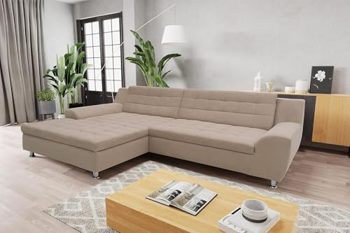 DOMO. collection Ecksofa Merida, Sofa in L-Form, Eckcouch, Couch-Garnitur, Polsterecke 304 x 200 x 84 cm (BxTxH), taupe | Longchair links mit Steppung, gepolsterten Armlehnen und Chromfuß, moderne Polsterecke in L-Form, 304 x 200 x 84 cm (BxTxH)