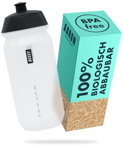 AARON ECO Borraccia 100% biodegradabile, 500 ml, leggera e a prova di perdite, pratica bottiglia d'acqua senza BPA, per sport, fitness, escursionismo, attività all'aperto, colore trasparente