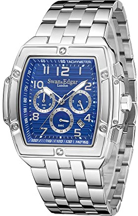 Swan & Edgar Ambassador Mechaquartz Chronograph Designer Luxus-Armbanduhr für Herren mit Saphirglas, attraktive Tonneau-Form, 30 m wasserdicht, handmontiert, analoge Herrenuhr - 5 Jahre Garantie,