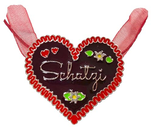 BF Souvenirs Halskette Trachtenkette im Lebkuchenherz-Design - Herz Oktoberfest Fasching Tracht Karneval Liebe Geburtstag Hochzeit Junggesellinnen Abschied (SCHATZI in rot)