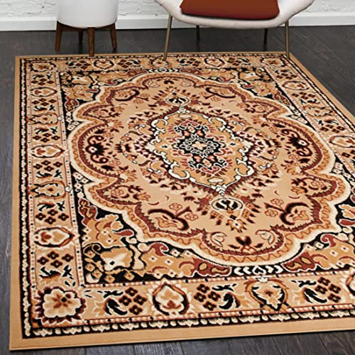 Mazovia Teppich Wohnzimmer 100x200cm Creme Braun Orientalisch Traditionell | Teppich für Schlafzimmer Büro Esszimmer Beige Weich Pflegeleicht Tierfreundlich Allergikerfreundlich Fußbodenheizungsgeeignet