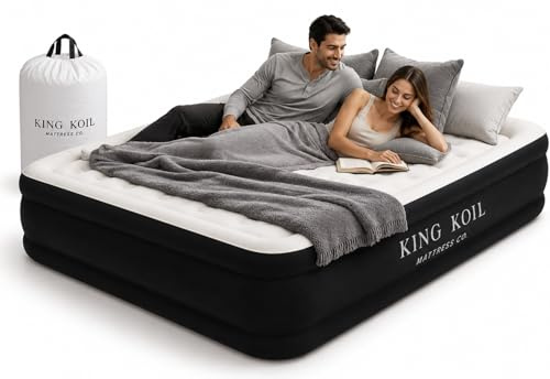 King Koil Luxuriöse California King Luftmatratze mit eingebauter patentierter Hochgeschwindigkeitspumpe für Zuhause, Camping und Gäste, aufblasbares doppeltes hohes Luftbett, wasserdicht, 1 Jahr