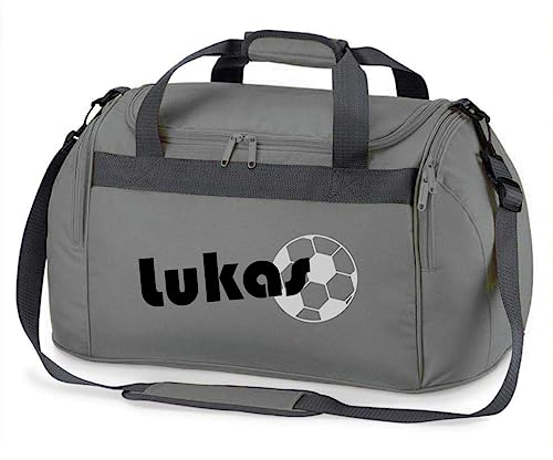 minimutz Sporttasche mit Namen | inkl. NAMENSDRUCK | Motiv Fußball | Personalisieren & Bedrucken | Reisetasche Jungen Ball Sport-Verein groß (grau)