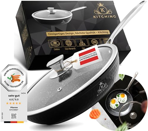 K KITCHING Pfanne Induktion [mit Deckel] Bratpfanne 24cm Antihaftbeschichtet ꟾ Kratzfest Pan ꟾ PFOA FREI & Pfannen für alle Herdarten ꟾ Öl- und fettfreies Braten ꟾ Bratpfanne 28 cm Frying Pan