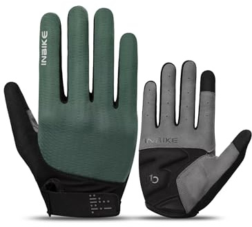 INBIKE Cycling Gloves for Men Women, Shock-Absorbing Memory Gel Padded Biking Gloves, Bicycle Breathable Touchscreen Reflective Full Finger Bike Gloves Green Large