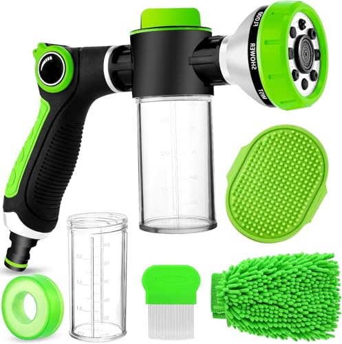 Upgrade Pup Jet Dog Wash with Replaceable Soap Dispenser, 8 in 1 Dog Wash Hose Attachment with Pet Bath Brush Car Wash Mitt and Dog Comb for Watering Plants, Car Wash, Showering Pet