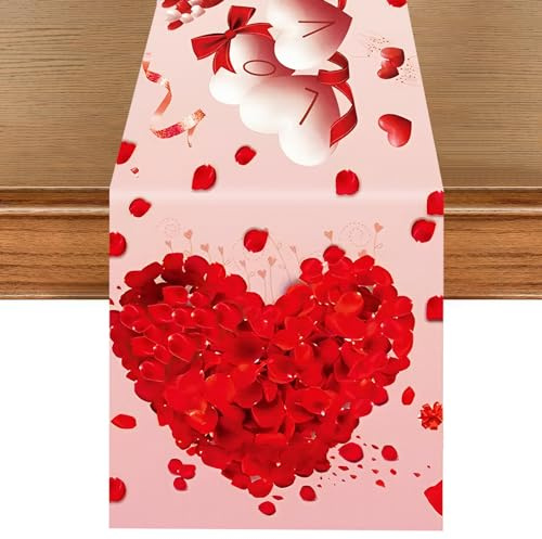 Liebe Herz Valentinstag Tischläufer,Rosenblüten Luftballons Hochzeit Jubiläums Tischlaufer,Rote Leinen Deko Tischläufer,Plaid Tischwäsche Winter Frühling Saisonnal Küchen Tisch Dekoration Party Deko