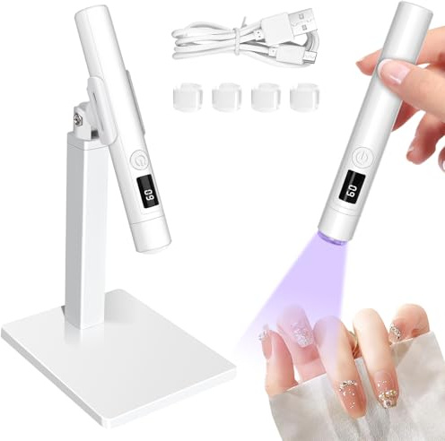VMUTGA Mini Lampada UV LED Unghie, Lampada UV Portatile Ricaricabile con Supporto e 4 Testine in Silicone, 20s/60s Temporizzazione Display Digitale, per unghie Gel Sciugatura Rapida
