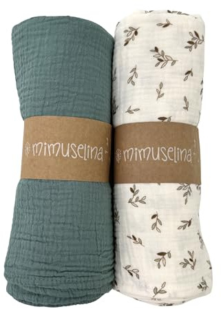 MIMUSELINA Confezione da 2 Mussola per Bambini, Quadrati 1x1m - Panno per Allattamento in Cotone con Tessuto Morbido, Assorbente, Traspirante e Multiuso (Ecru/Mint)