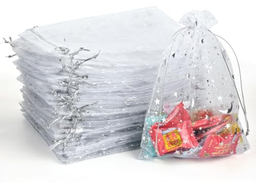 CLTPY 100 Stück Organzasäckchen 13x18cm Weiße Organzabeutel mit Stern und Mond Geschenksäckchen, Organza Säckchen zum Befüllen, Kordelzug Schmuckbeutel, Weihnachtstüte Hochzeiten Parteien