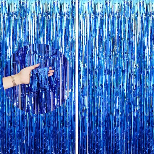 2PCS Tinsel Curtains Foil Backdrop 3.2 x 6.5ft, Tinsel Foil Fringe Curtain Door Curtains Hanging Streamers, 1 x 2m Door Backdrop Photo Prop for Birthday Party Wedding Holiday Decoration-(Deep Blue)