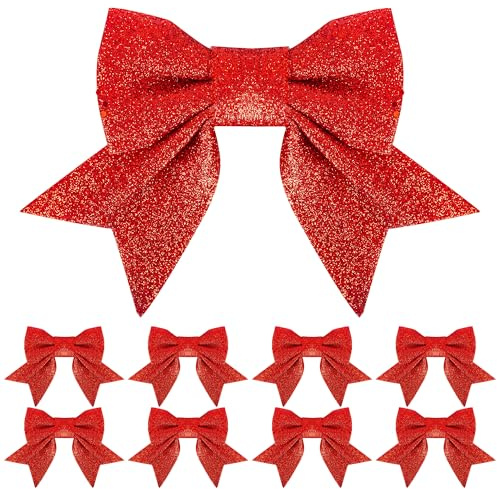 YAAVAAW 8er-Pack glänzende Silberne Weihnachtsschleifen, Weihnachtsbaumschleifen, 6 Zoll breit, Silberne Schleifen für Weihnachtsbaumschmuck, Geschenkverpackungen, Ornamente, Basteldekorationen (Rot)