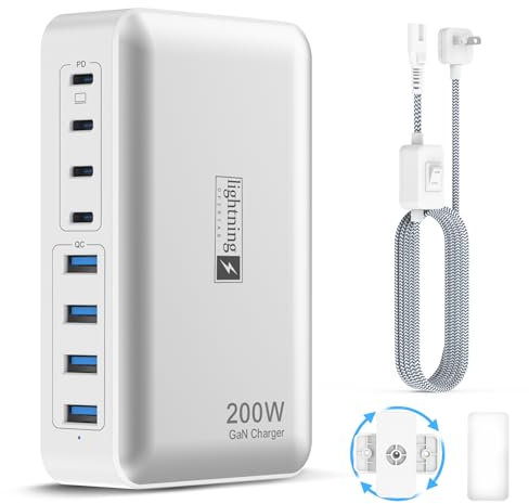 200W Charging Station for Multiple Devices, 8-Port USB C Charger Block Fast Charging, 65W Type C GaN Power Adapter for Cellphones, Tablets, Laptops, Multi Chargers USB Hub Flat Plug