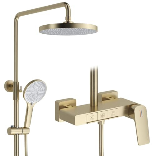 RONMX Duschsystem, RSS0337 Modern Klaviertasten Duschset, 10/255mm Runden Duschkopf, Regendusche mit Armatur, Badewannenarmatur, 59A Kupfer-Mischventil, Höhenverstellbar (Gebürstetes Gold)