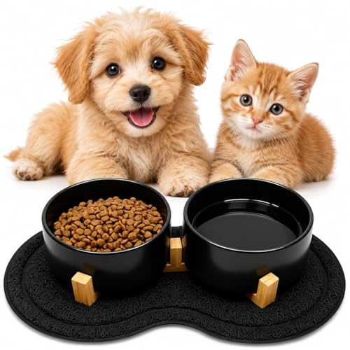 Hundenapf Keramik,400ML Katzennapf Hundenapf Keramik Doppel,Futternapf Fressnapf Futterschüssel Wassernapf mit Bambus Ständer und Rutschfester Matte für Katzen und kleine Hunde