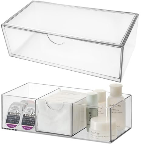 2 Pièces Organiseur Maquillage en Acrylique Transparent - 20 x 10 x 7 Cm Grand Boite pour Rangement Makeup Pinceaux Cosmétiques,Tiroirs Coffret Fermé Boîte Organisateur Salle de Bain pour Cosmétique
