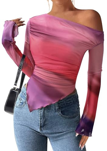 PRETTYGARDEN Womens Fall Trendy Off Shoulder Y2k Tops 2026 Tie Dye Mesh Long Sleeve Shirts Asymmetrical Ruched Floral Blouse (Multicolour Print,Large)