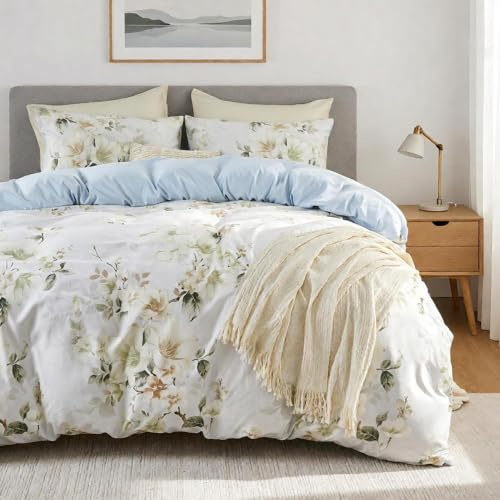 Qucover Double Duvet Cover Sets 200x200cm, White Floral Double Bedding Set | 3-Piece Reversible Duvet Cover with 2 Pillowcases, Metal Zipper, Corner Ties, Soft Microfiber Bedding Double Bed Quilt Cover