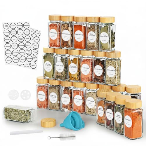 Braozaiw Glasgewürzversorgung mit Bambusdeckel (24 x 120 ml) Gewürzversorgungsbehälter mit Trichter und Gewürzecketten, Gewürzversorgungsbehälter, Gewürzeraufbewahrung (Weiß)