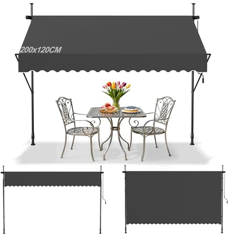 Suusolny Klemmmarkise ohne Bohren mit Handkurbel Balkonmarkise UV-Schutz Markise höhenverstellbar Sonnenschutz wasserabweisend für Balkon Terrasse Garten - Dunkelgrau - 200x120cm