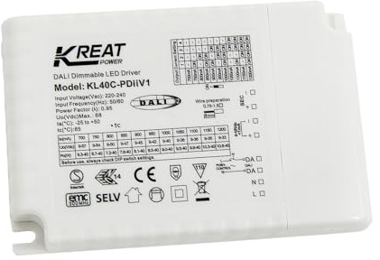 KL40C-PDiiV1 Kreat Power Merrytek 40W DALI 1-10V pushDIM dimmbarer LED-Treiber für LED Beleuchtung, flimmerfrei, Konstantstrom, DT6, PWM, Schutzfunktionen, weiß, IP20