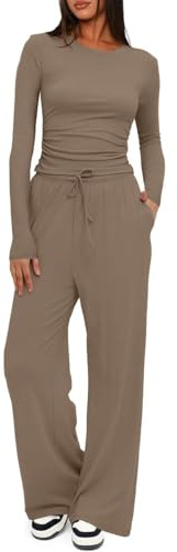 Joligiao Träningsoverall för kvinnor Loungewear Co Ord 2-delat set outfit långärmad rynkad topp och hög elastisk midja breda raka ben byxor med dragsko fickor yoga gym joggingbyxor hela set