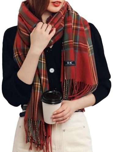 Bufanda de tartán para mujer, bufanda de invierno suave y cálida, grande, acogedora, clásica, británica, elegante, con flecos, idea de regalo, rojo, Talla única