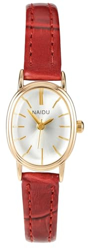 JSDDE Montre Quartz Femme Fine avec Petite Cadran Métal Ovale Blanc Simple Montre Habillée en Bracelet Cuir Texturé Ajustable Fille Élégant Watch Mouvement Analogique Quartz Pas de Chiffres (Rouge)
