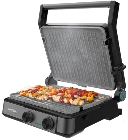 Cecotec Dual-Elektrogrill mit Grill Rock'nGrill 2200. 2200W, Öffnung 180°, Dual Temp, RockStone, Antihaftbeschichtung, Wendeplatten, Fettauffang, Leuchtanzeige, 29x23 cm