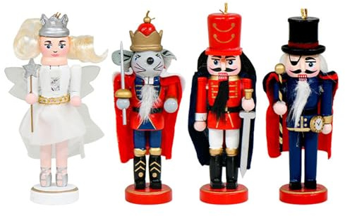 HUAJINGKEJI Paquete de 4 cascanueces de madera de 13 cm, adorno de soldado, ratón, princesa, guardia, decoración de árbol de Navidad