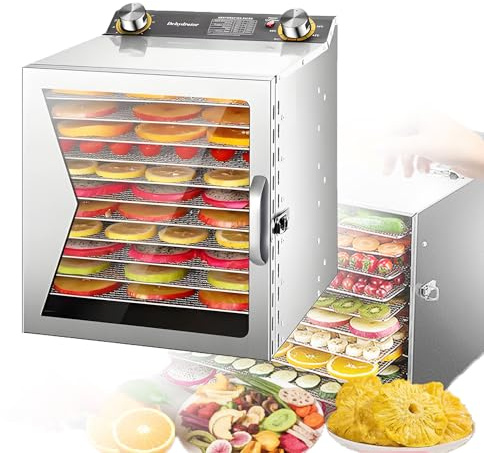 Déshydrateur Alimentaire en INOX Machine Sèche Fruits et Légumes Champignons Contrôle de Température 30-90°C et Minuterie 0-12h Desidrateur Aliment Durable et Facile à Nettoyer 12-Layer