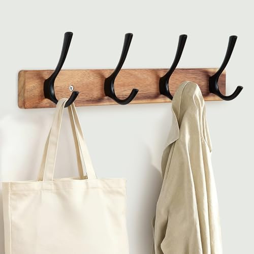 Yangbaga Coat Rack Wall Mount,Acacia Wood Coat Hooks Wall Mount,15 Wall Coat Rack with Heavy Duty 4-Double-Hooks,Hat Rack Wall Coat Hanger for Towel/Dog’s Leashes/Coat/Bag