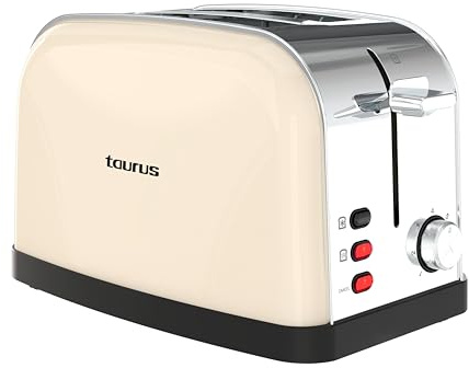 Taurus – Tostador Retro Inspire II Cream, 950W, 2 Ranuras 135 x 35 mm, 7 Niveles, 3 Funciones, Cuerpo Inox, Autocentrado, Recogemigas, Elevación Extra, Recoge cables, Crema