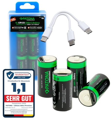 PATONA 8 batterie USB-C Premium CR123A, 2400 mWh 3,0 V, ricaricabili, cavo di ricarica USB-C da 1 a 2, durevoli oltre 1.000 cicli di ricarica per fotocamere, telecomandi, torce elettriche