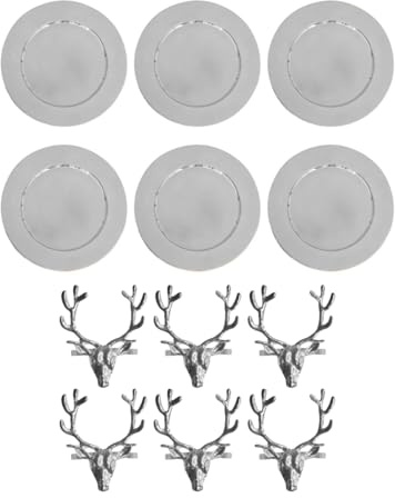 YöL Christmas Table Decor Set with 6 Silver Metallic Charger Plates 33cm and 6 Stag Head Napkin Rings, Elegant Festive Dining Accessories for Holiday Dinners, Parties and Entertaining