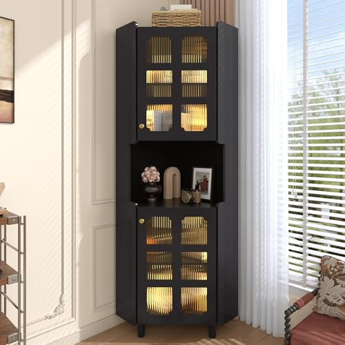 kozamas Eckschrank mit LED Beleuchtung Schwarz – moderner LED Aufbewahrungsschrank für Wohnzimmer, MDF Eckregal mit Lackoberfläche