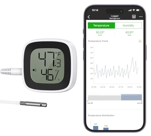 ORIA Fridge Thermometer, Freezer Alarm Bluetooth Thermometer with App, Smart Temperature Monitor for Refrigerator, Baby Room, 164ft Range, Data Logger & Export, LCD Display