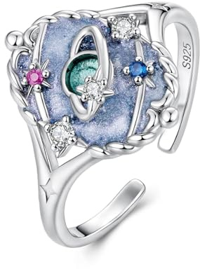 ZUOHUI S925 Sterling Silver justerbar kronring for kvinnor, stapelbar ring med öppen ände, tarotinspirerade smycken med antik finish for dagligt bruk, present till henne(Blå)