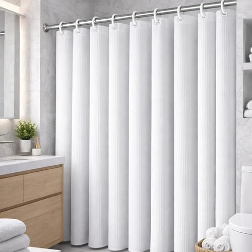 HapSmile White Shower Curtain, Weighted Mould Waterproof Heavy Duty Fabric, Cloth Shower Curtain Set with 12 Plastic Hooks for Bathroom, Superior Water Resistant, 180 x 180cm