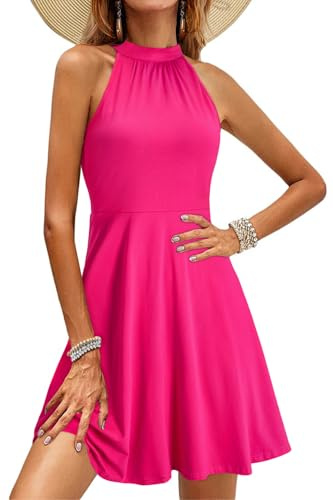 OUGES Robe D'éTé Ladies Knee Length Halterneck Dress Summer Floral Pattern Elegant Cocktail Dress