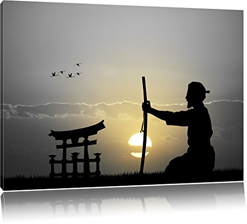 Pixxprint Alter Samurai-Meister vor Horizont B&W Detail, Größe: 80x60cm, Leinwandbild, fertig gespannt, Wandbild, Dekoration, Kunstdruck, kein Poster