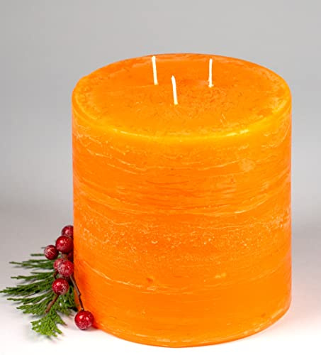 3 Docht Rustik-Kerze, Mandarin-Orange, 12 x 12 cm Ø | Mit Struktur, 3 Wick Pillar Candles, Modell 4002