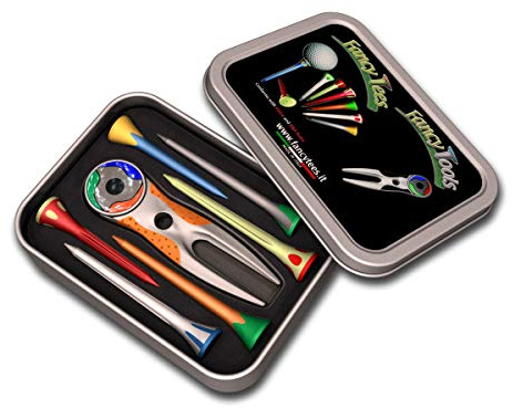 FancyTees M24 Combo Set - Pitchgabel + Ballmarker + Golf Tees Plastik Bunt (Orange)