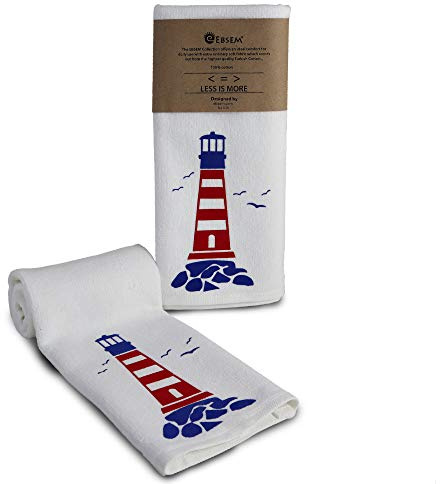 Ebsem Marine Style Hand Dish Towel 2 Pieces Set Premium Quality Turkish Towels Super Soft, Plush and Highly Absorbent Hammam Gym Nautical Yacht Boat Design (White, Lighthouse)