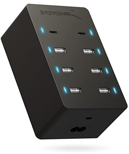 SABRENT USB Ladegerät, 100W Netzteil USB-Schnellladegerät Ladestation Mehrfach, mit 8 Ports (6 USB typ A + 2 USB Port typ C) Ladestation für MacBook, USB-C Laptop, iPhone, Samsung Galaxy (AX-ADPD)