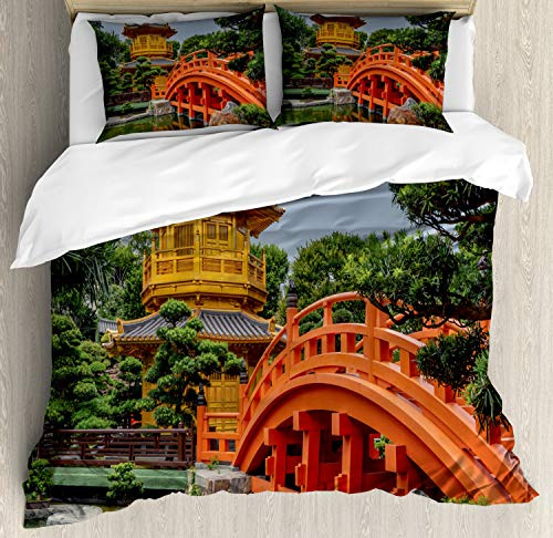 Ambesonne Peace Garden Duvet Cover Set, Photo of Pavilion and Bridge Over Calm Water with Trees, Decorative 3 Piece Bedding Set with 2 Pillow Shams, Queen Size, Multicolor